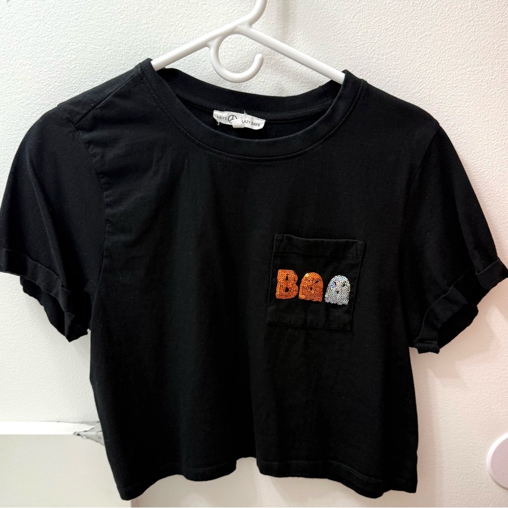 Love Peace & Lazy Days Black Crop Shirt Sequin BOO Ghost Size Medium (Pre-owned)
